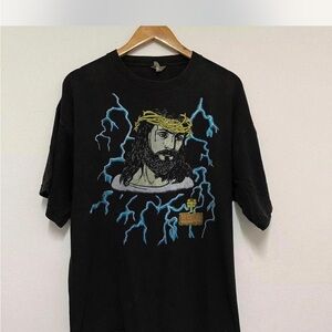 Black Graphic Short-Sleeve Tee with Blue Lightning and Gold Crown Detail